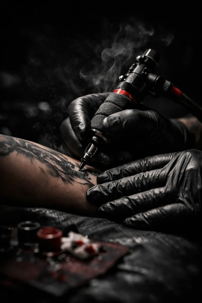 Tatuador realizando un tatuaje en Olimbo Tattoo, estudio de tatuajes en Caranza, Ferrol, Galicia