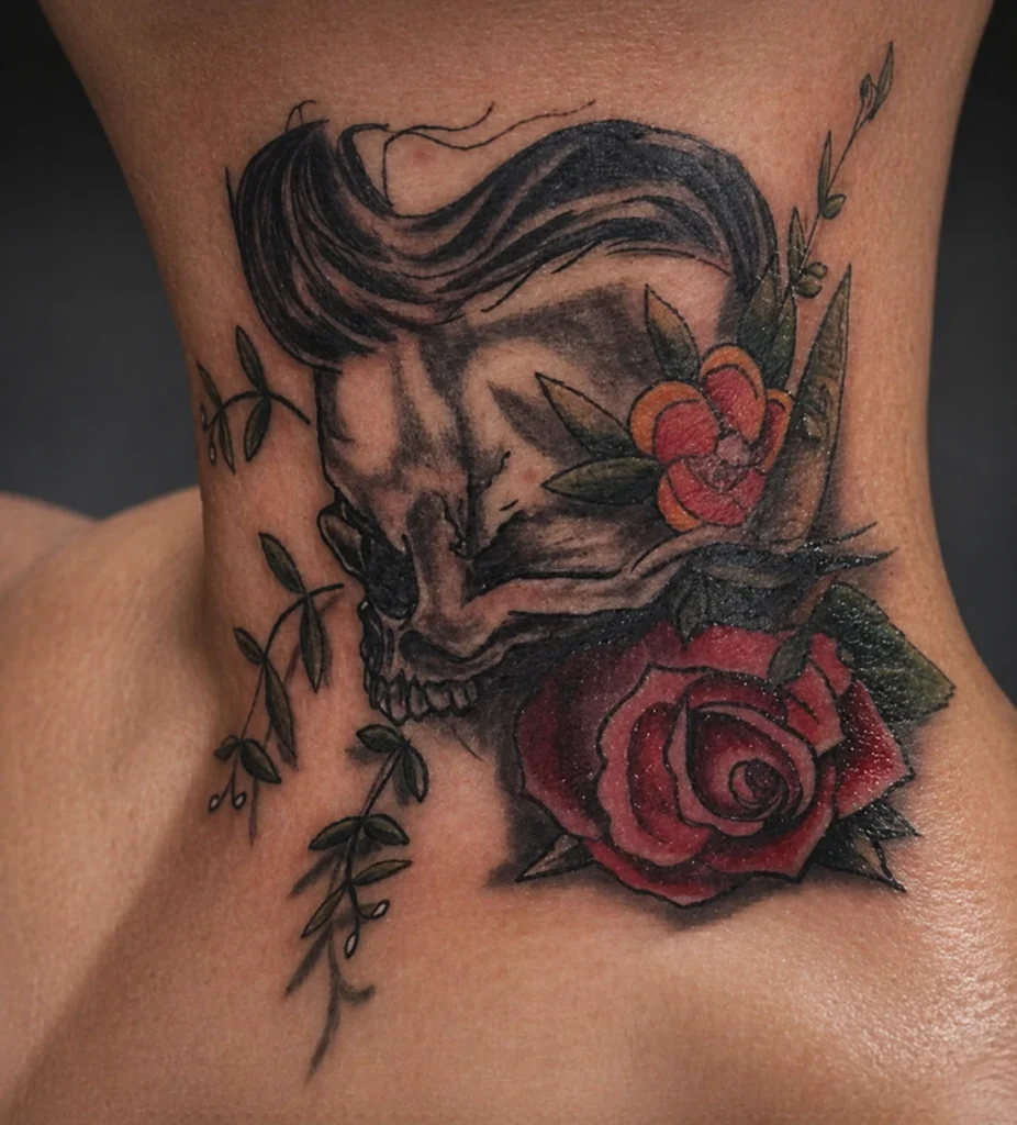 Tatuaje de calavera con rosa en el cuello realizado por tatuador en Ferrol