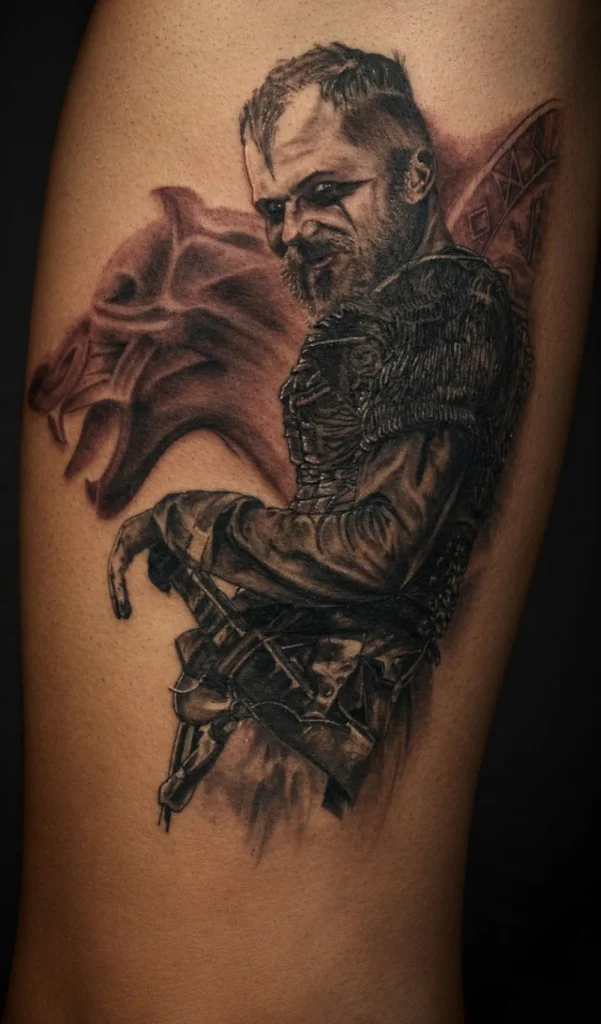 Tatuaje realista de vikingo en muslo realizado por tatuador en Ferrol