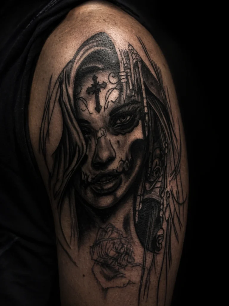 tatuaje realista mujer con detalles oscuros en brazo en Ferrol